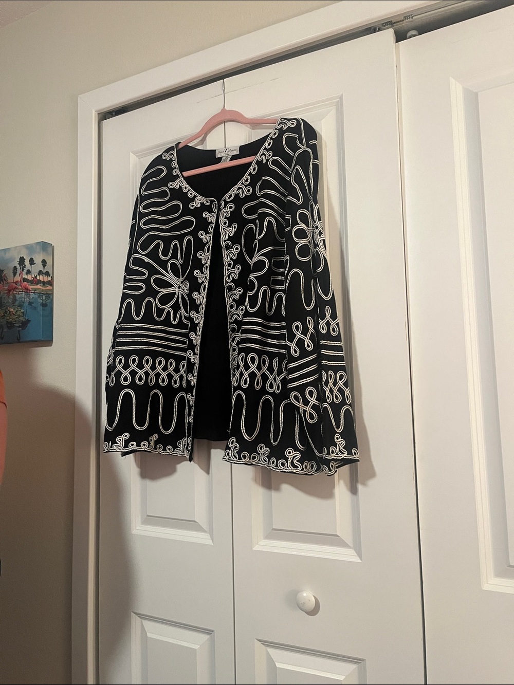 Black Cardigan with White Embroidered Trim